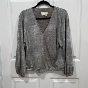 Anthropologie Silver Metallic Long Sleeve Blouse Wrap Front Top Size S‎